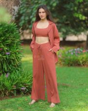 Any How Mitti Pao Actress Amyra Dastur in a Rust Orange Sleeveless Bralette Top with a Palazzo Pants and Oversized Shirt Photos 05