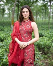 Beautiful Amyra Dastur in a Red Sleeveless Floral Sharara Set Photos 02
