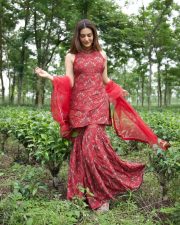 Beautiful Amyra Dastur in a Red Sleeveless Floral Sharara Set Photos 03