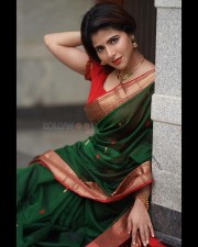 Beautiful Iswarya Menon in a Green and Red Silk Saree Pictures 03