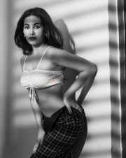 Bold Amyra Dastur in a Black and White Portrait wearing a White Embroidered Crop Top with a Checkered Bottom Photos 01