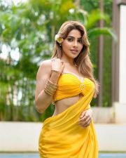 Bollywood Diva Nikki Tamboli in a Yellow Saree with a Backless Blouse Pictures 03