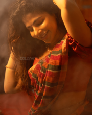 Delightful Actress Iswarya Menon in a Red Checked Saree Puff sleeve Blouse Photos 02