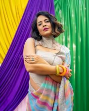 Ding Dong Actress Anasuya Bharadwaj in a Rainbow Striped Saree with a High Halter Neck Blouse Photos 04