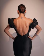 Elegant Actress Amyra Dastur in a Black Backless Ruffle Gown Photos 01