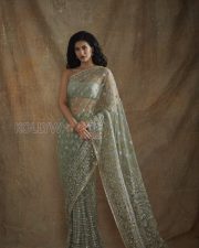 Elegant Actress Amyra Dastur in a Sage Green Embroidered Saree Photos 02