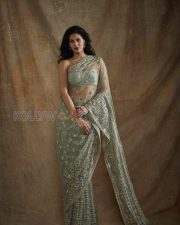 Elegant Actress Amyra Dastur in a Sage Green Embroidered Saree Photos 03