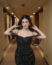 Glamorous Actress Amrya Dastur in a Black Sequined Off Shoulder Gown Photos 03