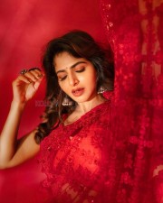 Gorgeous Iswarya Menon in a Red Embroidered Saree Photos 01
