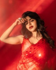 Gorgeous Iswarya Menon in a Red Embroidered Saree Photos 03
