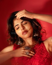 Gorgeous Iswarya Menon in a Red Embroidered Saree Photos 04