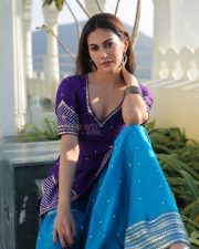 Indian Heroine Amyra Dastur in a Purple and Blue Sharara Suit Pictures 01