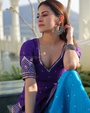 Indian Heroine Amyra Dastur in a Purple and Blue Sharara Suit Pictures 02