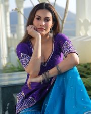 Indian Heroine Amyra Dastur in a Purple and Blue Sharara Suit Pictures 03