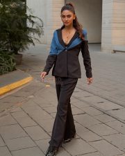 Jaageer Actress Krystle DSouza in a Black and Blue Single Breasted Blazer with Matching Flared Pants Photos 01