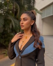 Jaageer Actress Krystle DSouza in a Black and Blue Single Breasted Blazer with Matching Flared Pants Photos 03