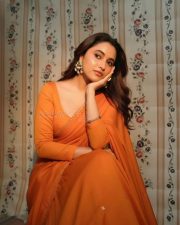 Made in Korea Actress Priyanka Mohan in an Orange Saree with Embroidered Details Photos 01