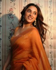 Made in Korea Actress Priyanka Mohan in an Orange Saree with Embroidered Details Photos 03