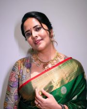 Pina Pataram Actress Anasuya Bharadwaj in a Green Silk Saree with a Multi Colored Floral Designer Blouse Pictures 01