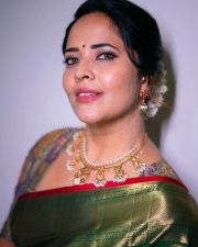 Pina Pataram Actress Anasuya Bharadwaj in a Green Silk Saree with a Multi Colored Floral Designer Blouse Pictures 02