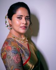 Pina Pataram Actress Anasuya Bharadwaj in a Green Silk Saree with a Multi Colored Floral Designer Blouse Pictures 03