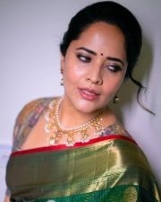 Pina Pataram Actress Anasuya Bharadwaj in a Green Silk Saree with a Multi Colored Floral Designer Blouse Pictures 04