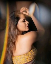 Royal Glamour Anasuya Bharadwaj in a Maroon Benaras Saree with a Strapless Yellow Bralette Photos 01