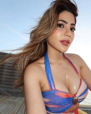 Seductive Nikki Tamboli Cleavage in a Blue Pink Halter Bikini Set Photos 02