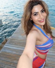 Seductive Nikki Tamboli Cleavage in a Blue Pink Halter Bikini Set Photos 10