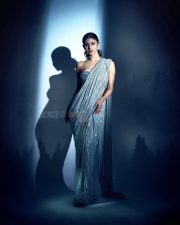 Sensational Beauty Mouni Roy in a Blue Sequin Embellished Saree with a Strapless Tube Blouse Pictures 02