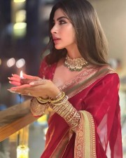 Sexy Diva Mouni Roy in a Saree Holding a Lamp Photo 01