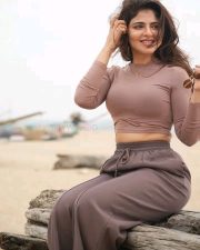 Sexy Iswarya Menon in a Brown Long Sleeve Crop Top with Matching Wide Leg Baggy Pants Photos 03