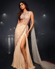 Sexy Khushi Kapoor in a Pre Draped Thigh Slit Saree and an Ivory Tulle Skirt with an Under Boob Blouse Photos 03