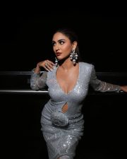 Sexy Krystle Dsouza in a Silver Sequined Shimmering Long Sleeved V Neck Bodycon Dress Photos 01