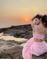Sexy Mouni Roy Enjoying the Sunset in a Pink Dress Pictures 02