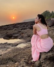 Sexy Mouni Roy Enjoying the Sunset in a Pink Dress Pictures 06