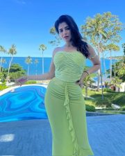 Stunning Iswarya Menon in a Light Green Strapless Ruched Dress Photos 02