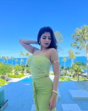 Stunning Iswarya Menon in a Light Green Strapless Ruched Dress Photos 03