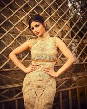 Stylish Mouni Roy in a Golden Yarn Draped Fitted Corset Dress Photos 02 Stylish Mouni Roy in a Golden Yarn Draped Fitted Corset Dress Photos 02