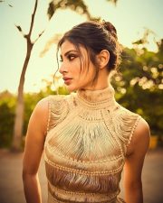 Stylish Mouni Roy in a Golden Yarn Draped Fitted Corset Dress Photos 03 Stylish Mouni Roy in a Golden Yarn Draped Fitted Corset Dress Photos 03