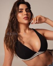 Sultry Nikki Tamboli Cleavage in a Black Triangle Bralette Photos 05