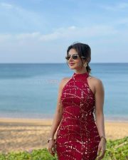 Tamil Rockerz Actress Iswarya Menon in a Red Sequined Halter Neck Bodycon Dress Pictures 02