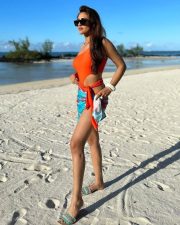 Visfot Actress Krystle Dsouza in an One Shoulder Orange Swimsuit Pictures 01