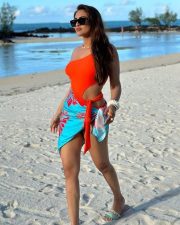 Visfot Actress Krystle Dsouza in an One Shoulder Orange Swimsuit Pictures 03