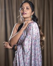 Wolf Actress Anasuya Bharadwaj in a Floral Printed Saree with a Black Halter Neck Blouse Pictures 01