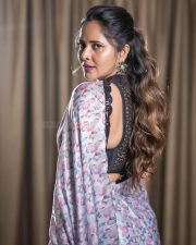 Wolf Actress Anasuya Bharadwaj in a Floral Printed Saree with a Black Halter Neck Blouse Pictures 02