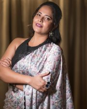 Wolf Actress Anasuya Bharadwaj in a Floral Printed Saree with a Black Halter Neck Blouse Pictures 03