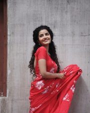 Actress Anupama Parameswaran in a Hibiscus Roses on Red Saree with Matching Red Short Sleeved Blouse Photos 04