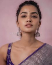 Actress Anupama Parameswaran in a Metallic Silver Grey Tissue Saree with a Contrasting Short Sleeveless Purple Blouse Photos 02 Actress Anupama Parameswaran in a Metallic Silver Grey Tissue Saree with a Contrasting Short Sleeveless Purple Blouse Photos 02