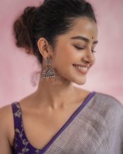 Actress Anupama Parameswaran in a Metallic Silver Grey Tissue Saree with a Contrasting Short Sleeveless Purple Blouse Photos 05